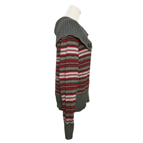 Eddie Bauer Women's Gray Burgundy Fair Isle Collared Cardigan Medium Norwegian - Picture 3 of 6